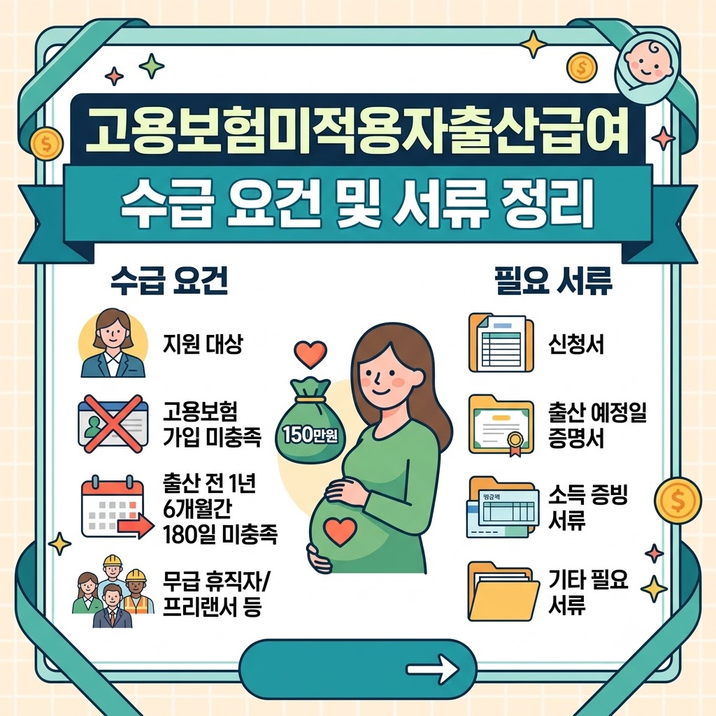 고용보험 미적용자 대상 150만 원 출산급여의 수급 요건(지원 대상, 미충족 기준 등)과 필요 서류(신청서, 증명서 등)를 정리한 인포그래픽입니다.