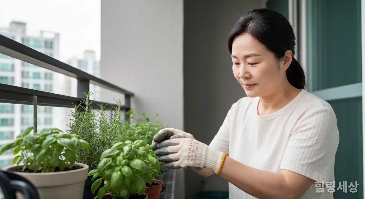 베란다 텃밭에서 허브를 가꾸는 사람의 모습