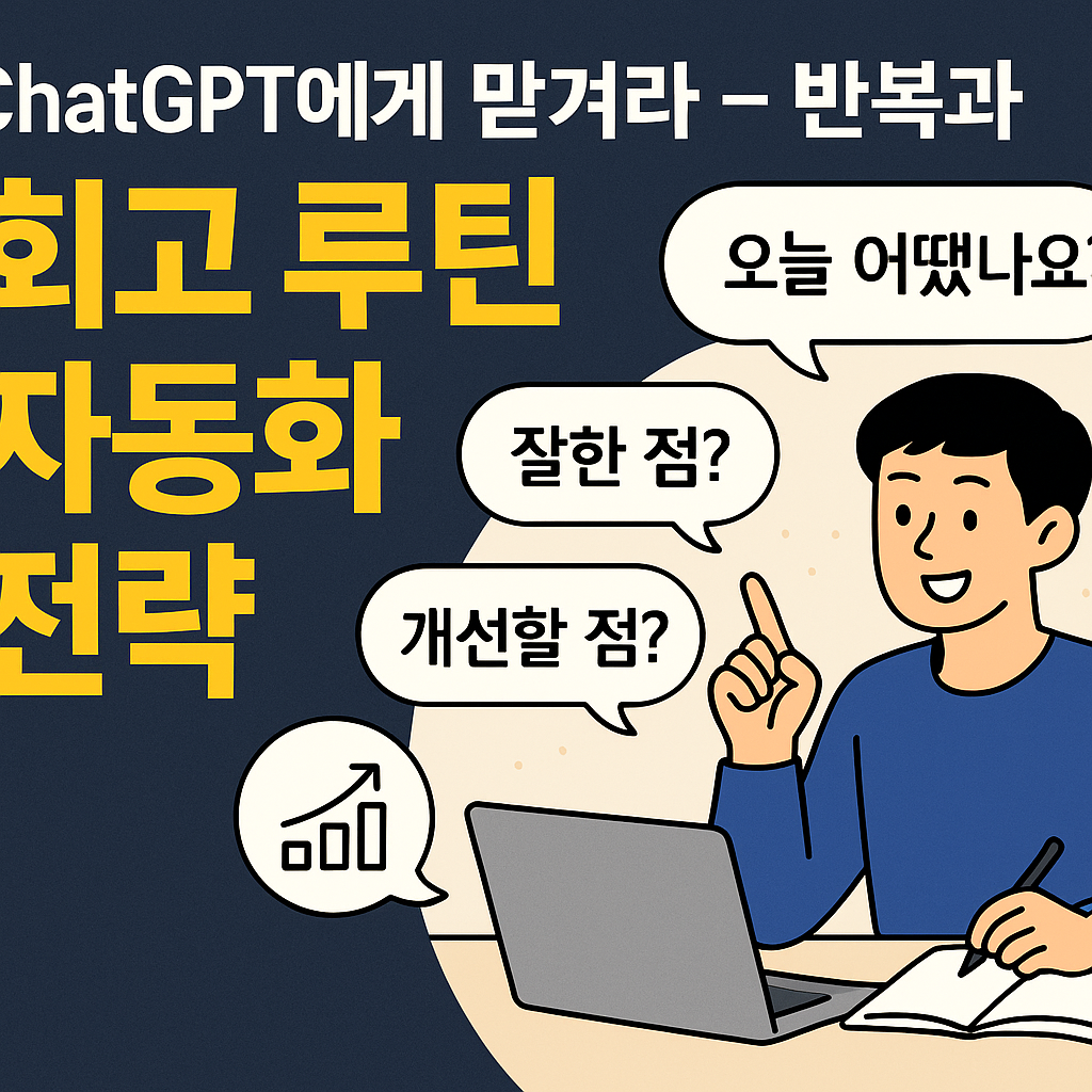 ChatGPT를 활용한 일일 루틴 회고와 반복 자동화 전략을 설명하는 디지털 일러스트 &ndash; 실행 복기와 루틴 개선을 상징