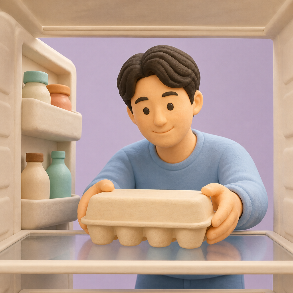 냉장고 안쪽 선반에 달걀을 상자째 넣는 30대 남성