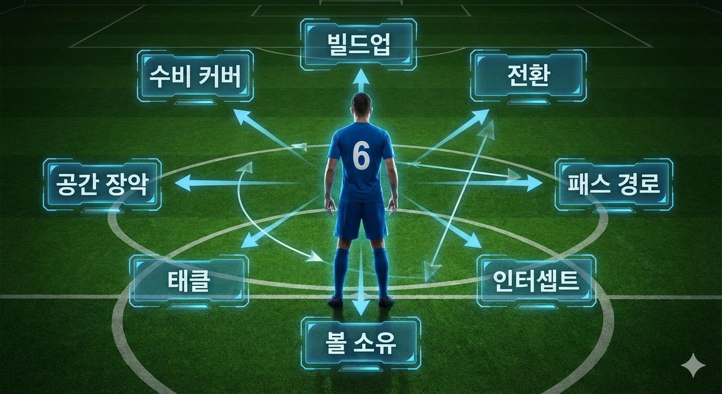 축구장 중앙 센터 서클에 서 있는 등번호 6번 선수의 뒷모습과, 그를 중심으로 연결된 수비형 미드필더의 8가지 핵심 역할(빌드업, 수비 커버, 전환, 공간 장악, 패스 경로, 인터셉트, 태클, 볼 소유)이 홀로그램 키워드로 시각화된 이미지