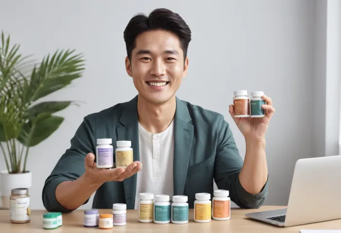 다양한 면역력 영양제를 책상 위에 놓고 설명하는 모습