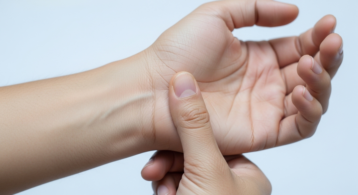 손목 안쪽의 내관혈을 엄지로 지그시 누르고 있는 모습. 소화불량 및 메스꺼움 완화.