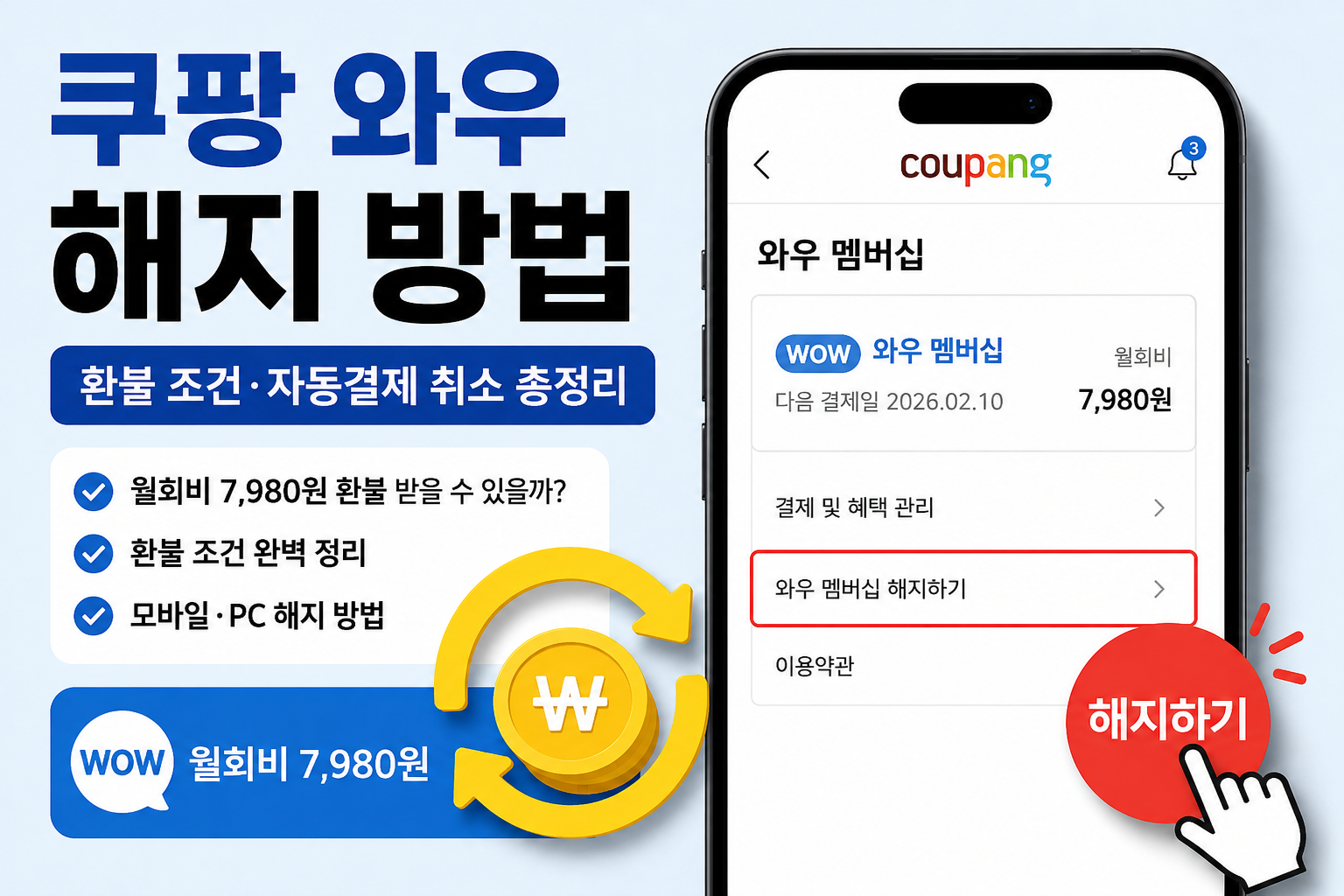 쿠팡 와우 해지 방법과 월회비 7980원 환불 조건, 자동결제 취소 방법을 정리한 대표 이미지