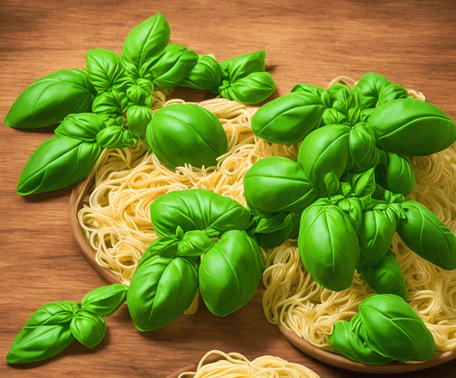 소쿠리에 하얀 국수 면발이 가득하다. 그 위에는 초록색 허브잎이 가득 덮여있다.