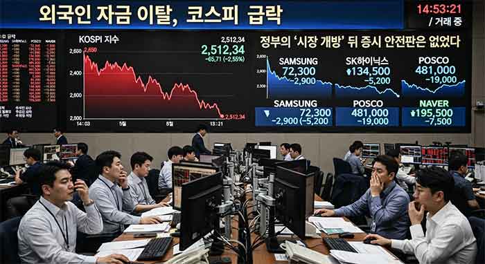 증권사 전광판의 하락하는 코스피 지수와 걱정스러운 표정의 직원들.