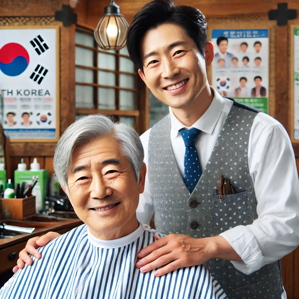 한국의 이발소에서 친절한 이발사의 도움을 받아 무료 이미용 서비스를 받는 노인의 모습. 따뜻하고 환영하는 분위기 속에서 노인은 미소를 짓고 있으며, 벽에는 노인 복지 프로그램을 홍보하는 포스터가 걸려 있다.