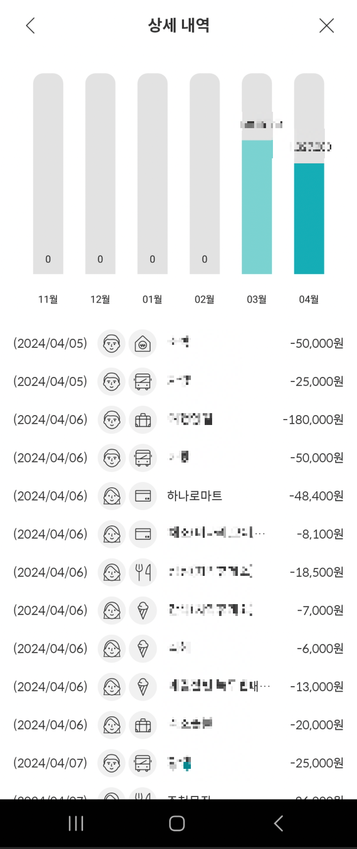 항목기반 가계부 내역 노출 화면