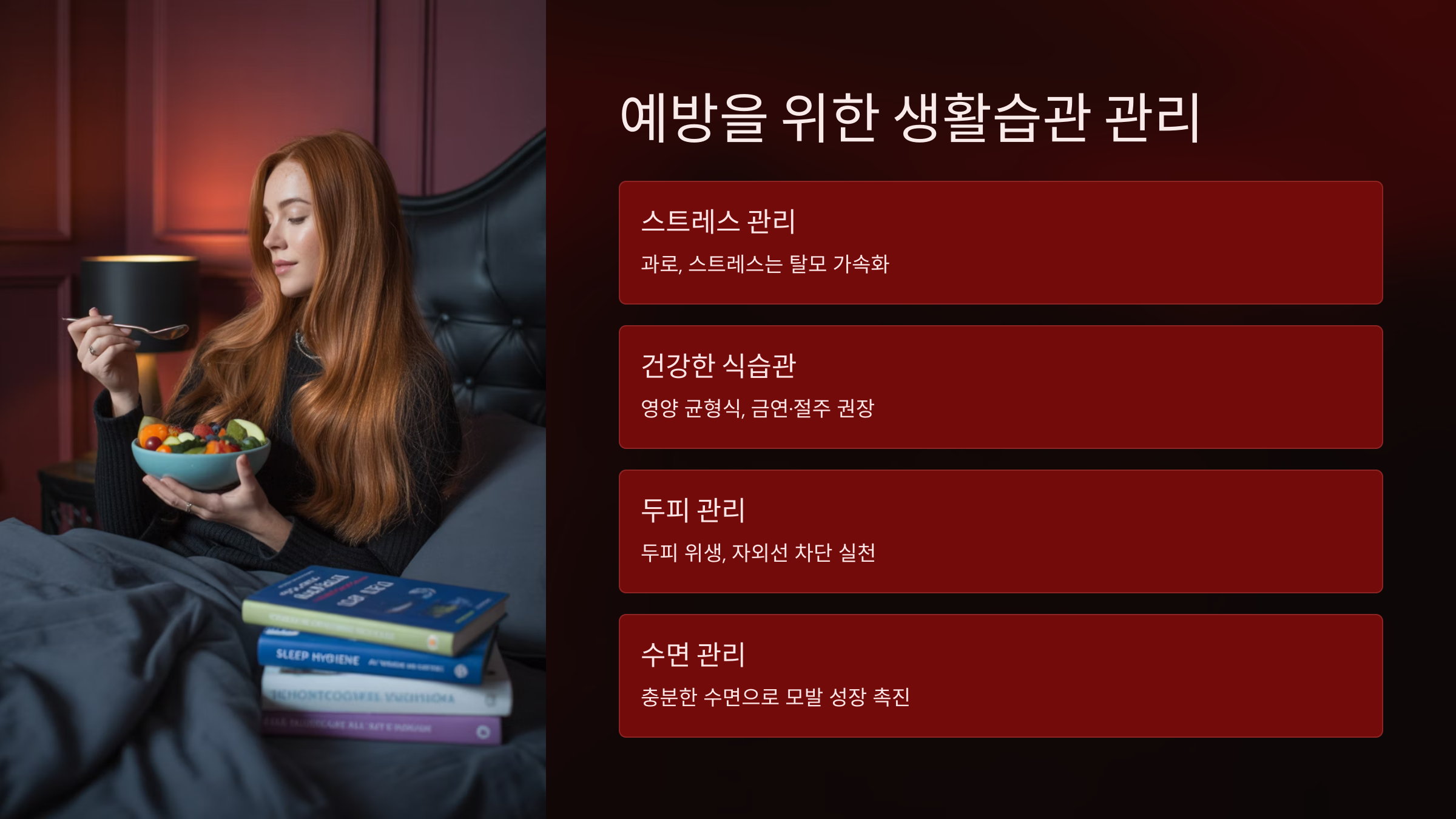 유전적 요인은 피할 수 없지만, 생활습관을 개선하면 탈모 진행을 늦추는 데 큰 도움이 됩니다.