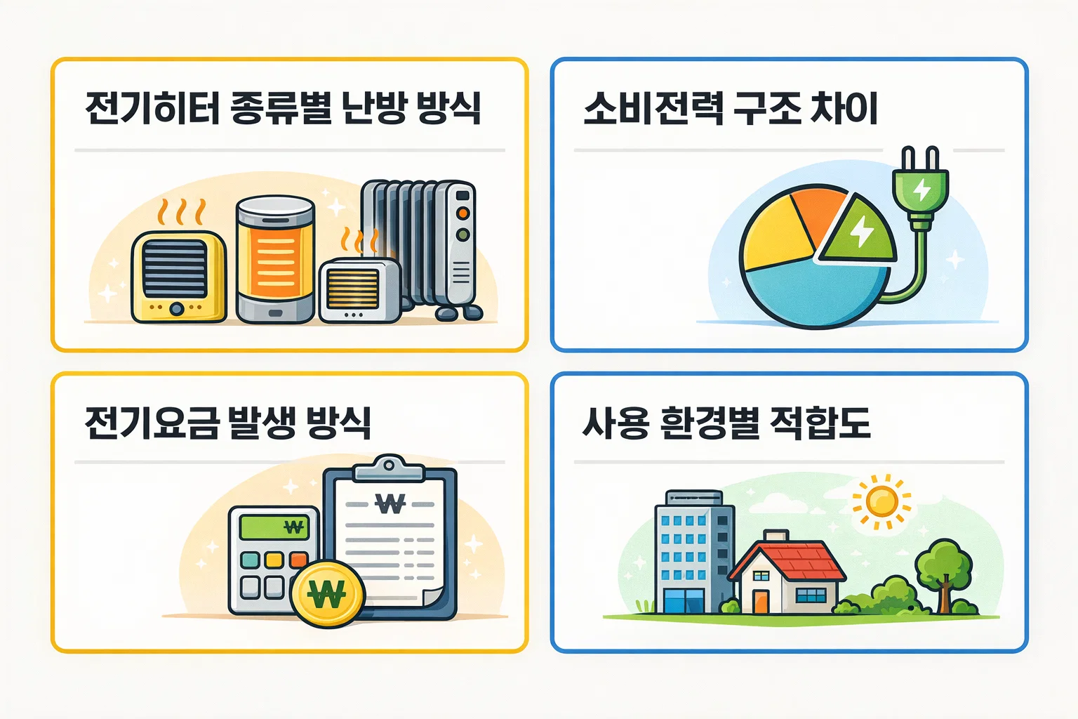 전기히터 종류별 난방방식, 소비전력 구조, 전기요금 발생 방식, 사용 환경별 적합도를 시각적으로 비교한 이미지