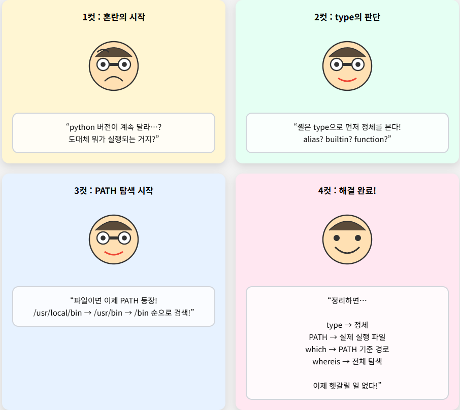 리눅스 PATH 명령 실행 과정 4컷 웹툰 설명, type 명령과 PATH 탐색 순서를 이해하기 위한 개발자 캐릭터 만화
