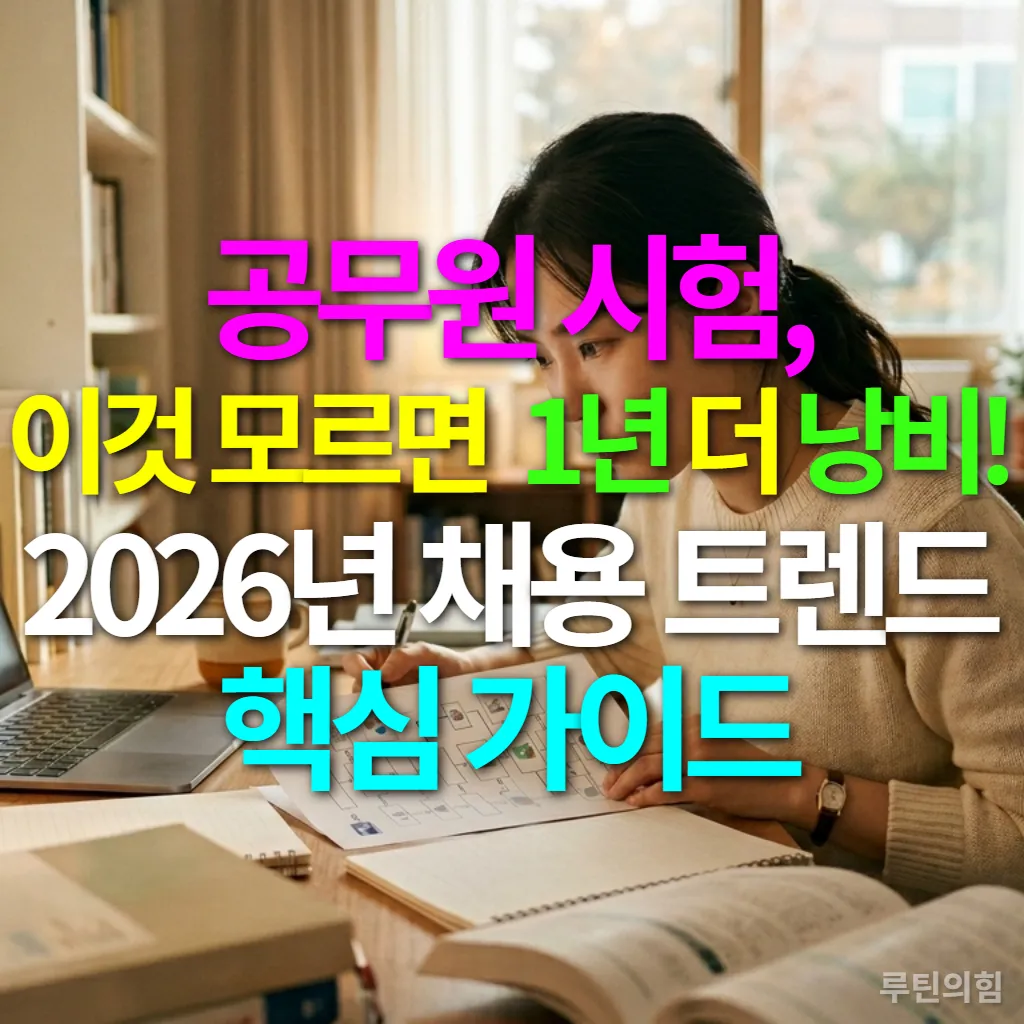 공무원 시험을 준비하는 한국인 젊은 여성 수험생이 책상에 앉아 집중하는 모습.