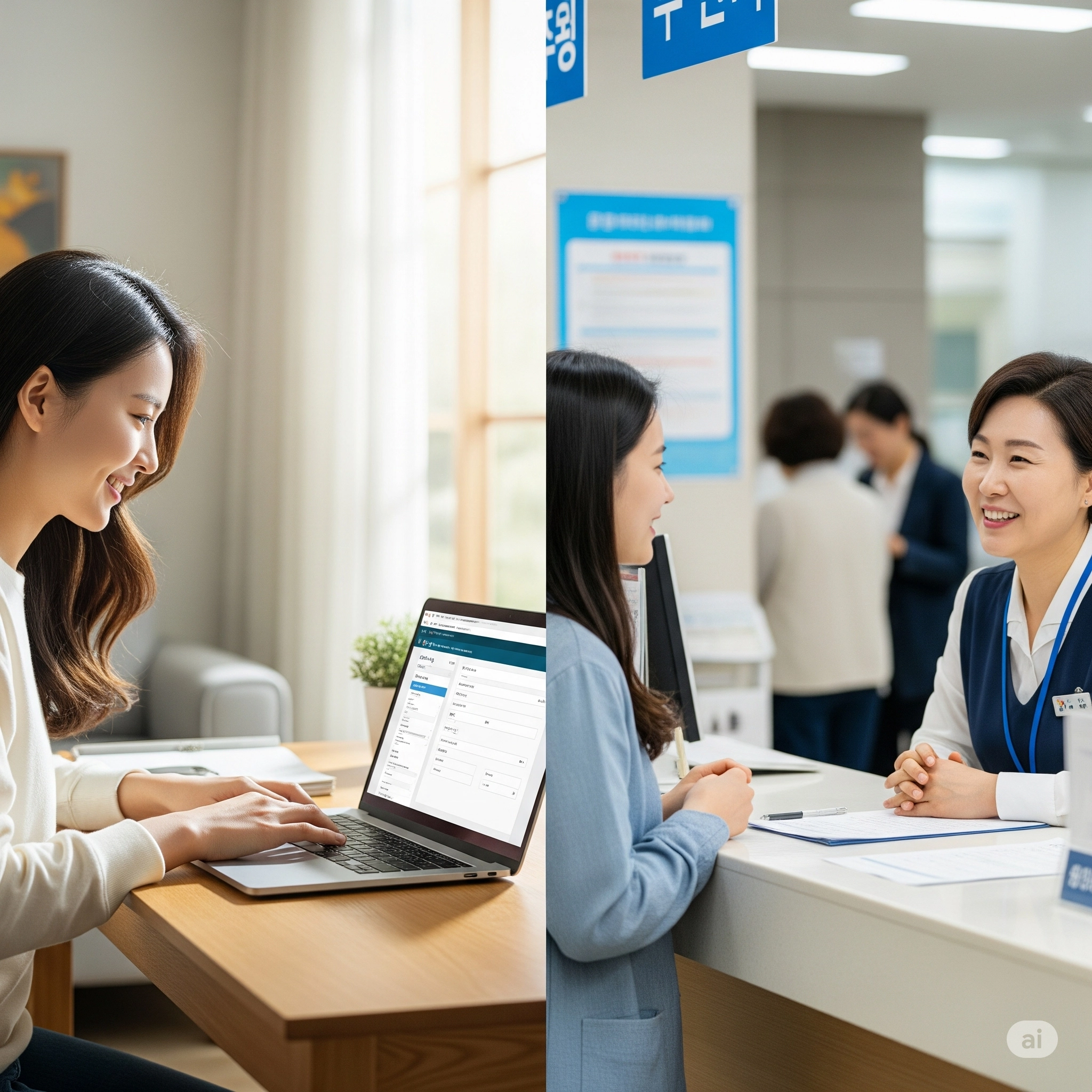 왼쪽에는 여성이 집에서 노트북으로 편리하게 온라인 신청을 하는 모습, 오른쪽에는 보건소 창구에서 담당자와 상담하며 오프라인으로 신청하는 모습이 나란히 비교되어 있다.