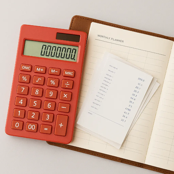 계산기와 가계부로 표현된 재정 정리 스튜디오컷 이미지