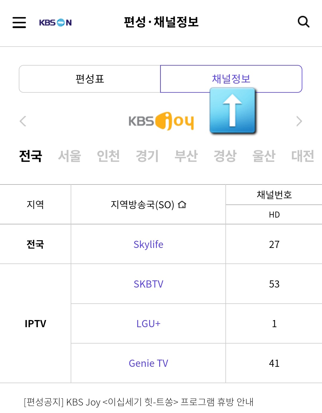 KBS-JOY-채널번호-확인하는-방법-여기에서-상단의-편성표와-채널정보를-확인할-수-있는데요.-채널정보를-클릭하면-자신의-지역을-선택-방송사에-맞는-번호를-확인할-수-있고&amp;#44;-KBS-JOY-외에도-왼쪽과-오른쪽-화살표를-클릭하면-KBS-drama&amp;#44;-KBSN-SPORTS&amp;#44;-KBS-Story&amp;#44;-KBS-Life&amp;#44;-KBS-Kids-등-원하는-채널의-번호와-편성-시간도-함께-확인할-수-있습니다.