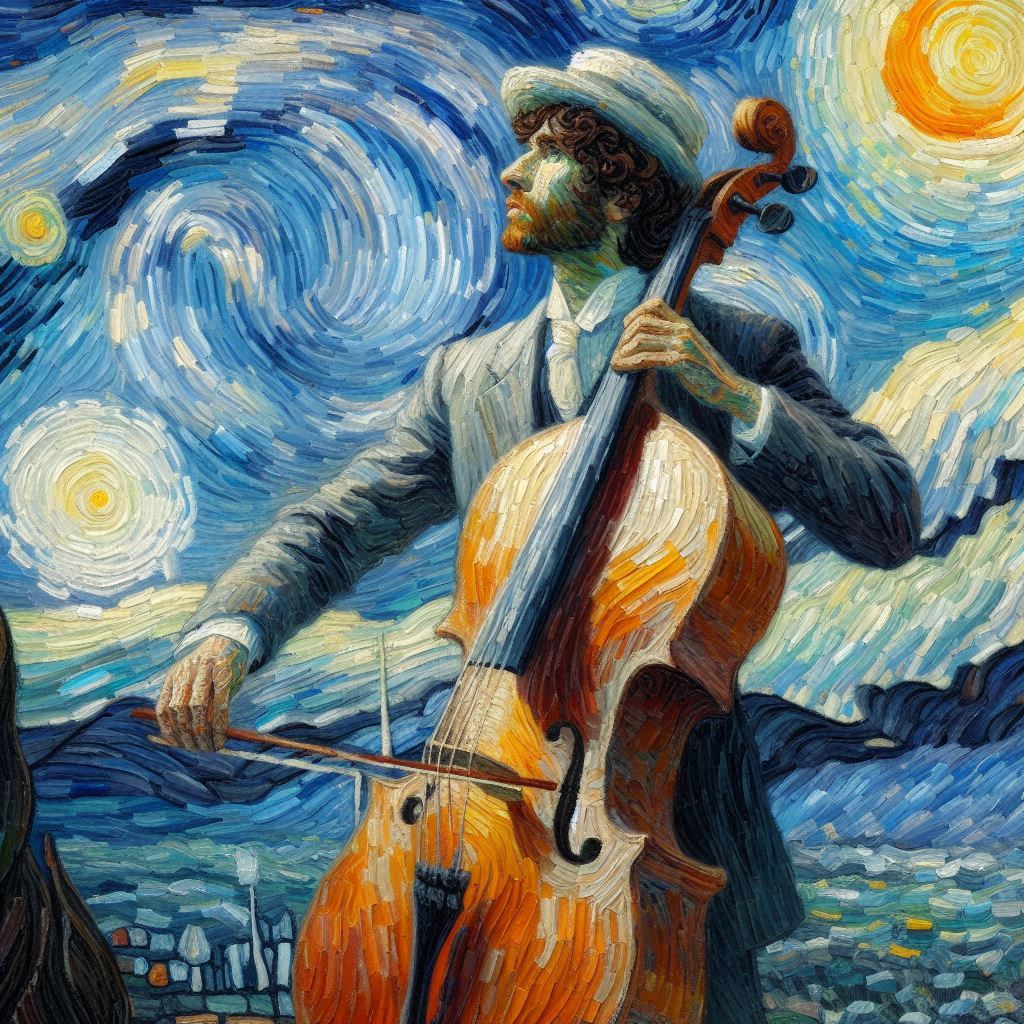 첼로연주하는 남자,임파스토,반고흐스타일