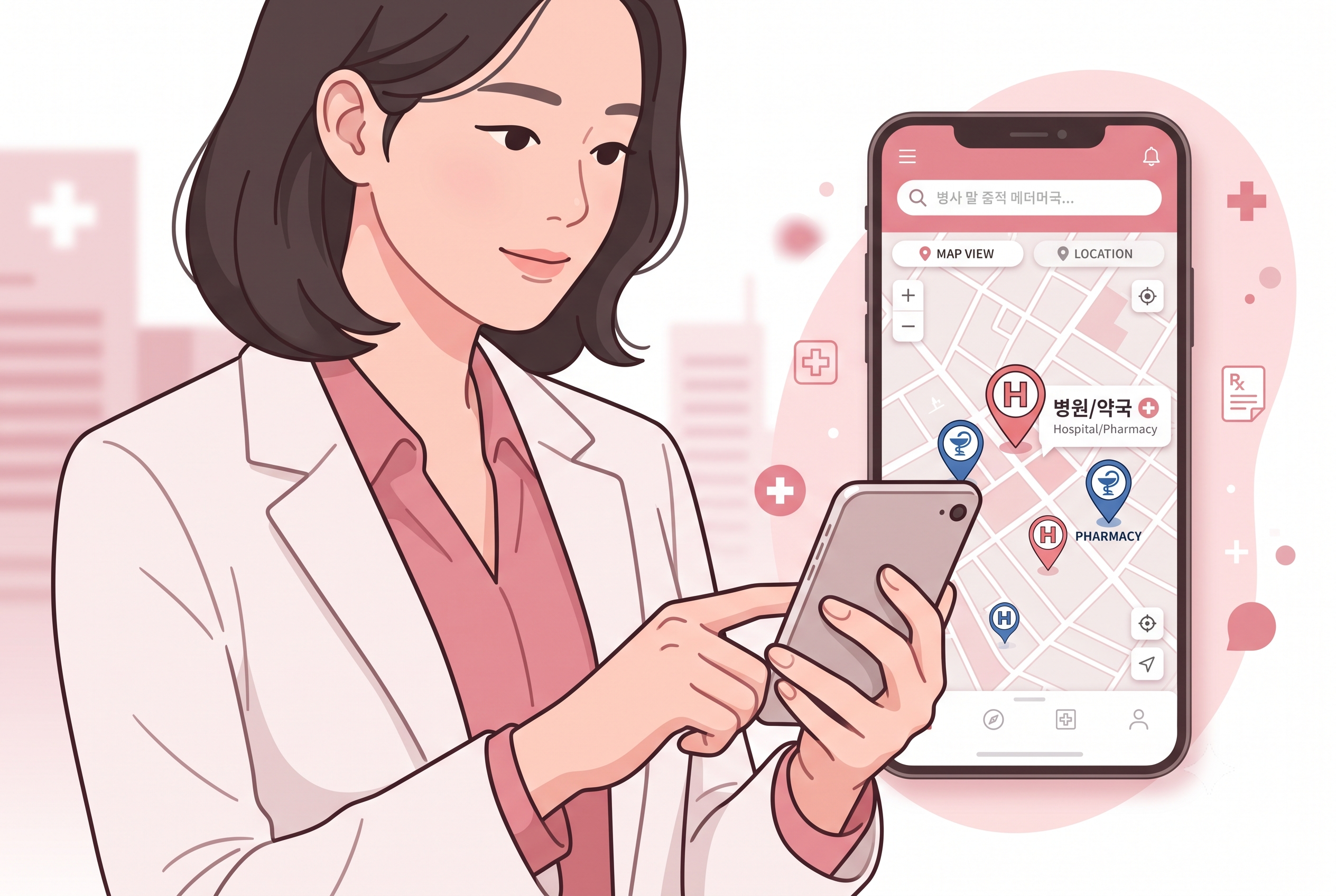스마트폰으로 문 여는 병원을 검색하는 사람 일러스트