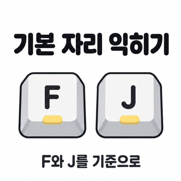 기본 자리를 익히자는 문구와 F 및 J 키를 상징하는 두 키캡 그림