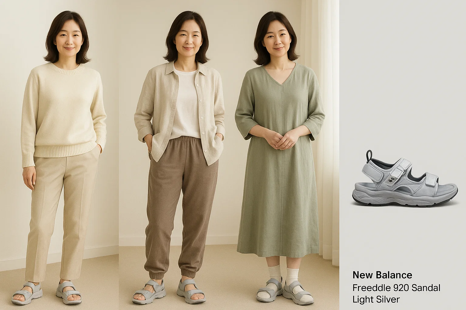 중년 여성 프리들 스타일링 – 크림 니트, 린넨 셔츠, 롱 원피스 코디