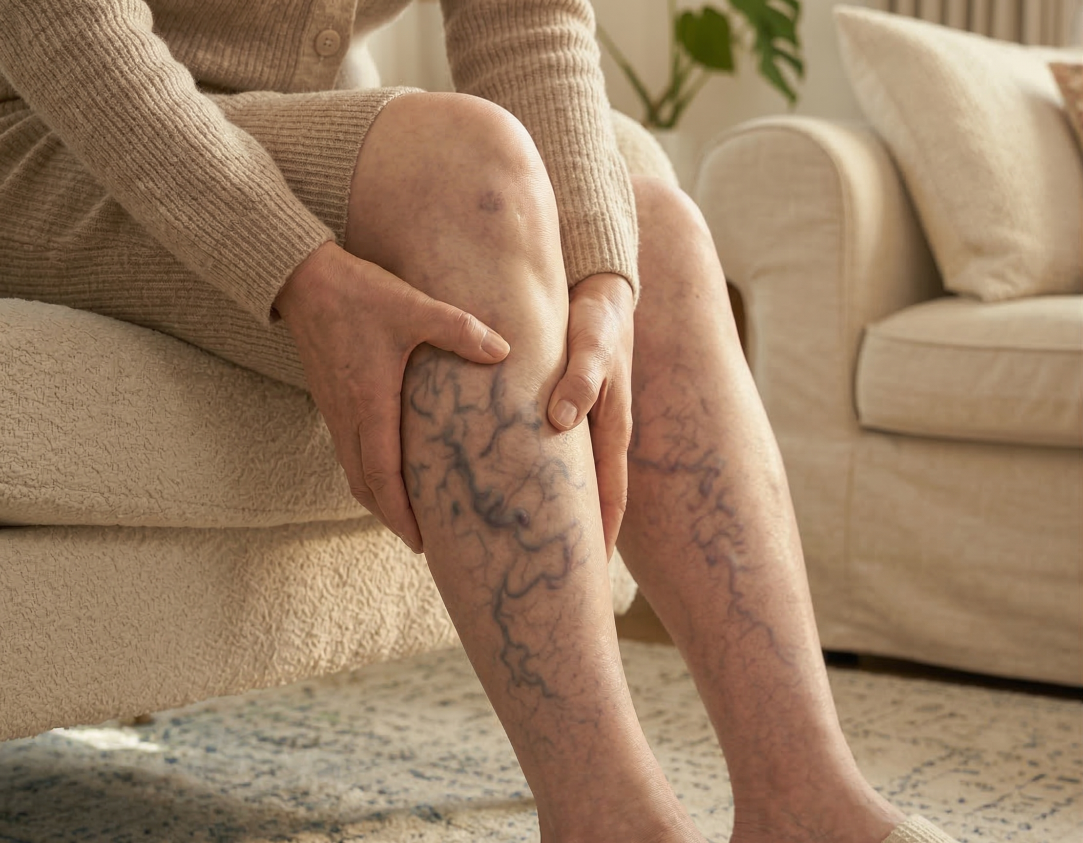 하지정맥류로 혈관이 튀어나온 중년 여성의 다리