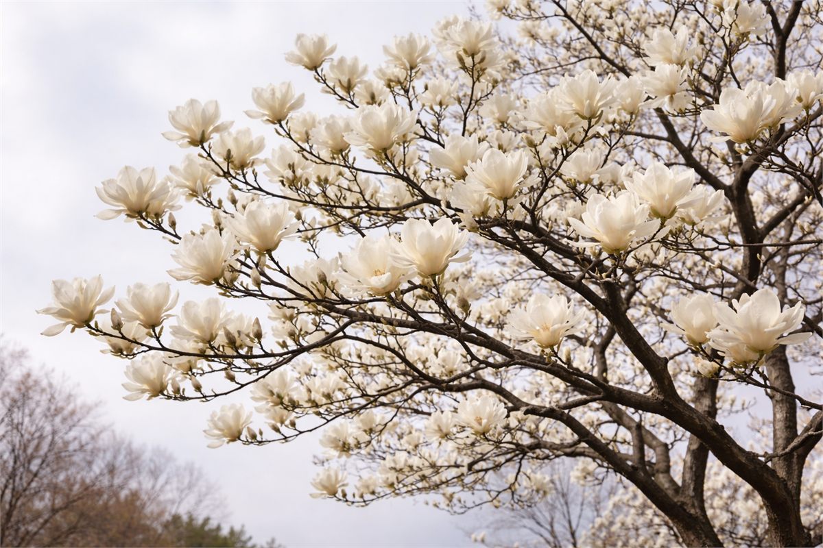 흐린 봄 하늘을 배경으로 목련 가지가 또렷하게 보이는 장면 