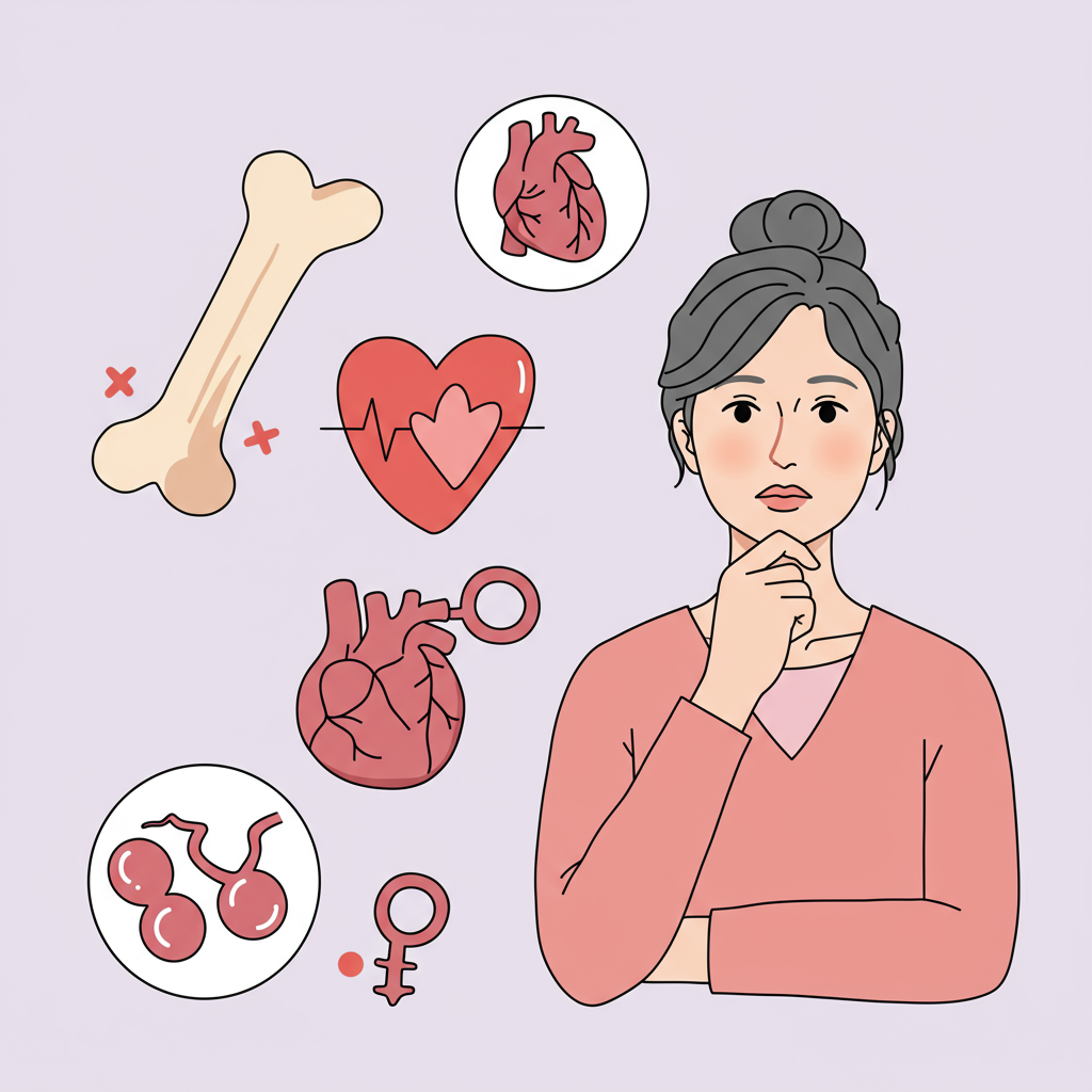 중년 여성의 갱년기, 골다공증, 심혈관 질환 등 주요 건강 변화를 상징하는 이미지