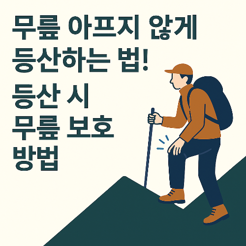등산 스틱을 짚으며 무릎을 보호하는 모습을 보여주는 일러스트 이미지, 등산 중 무릎 통증 예방을 주제로 함
