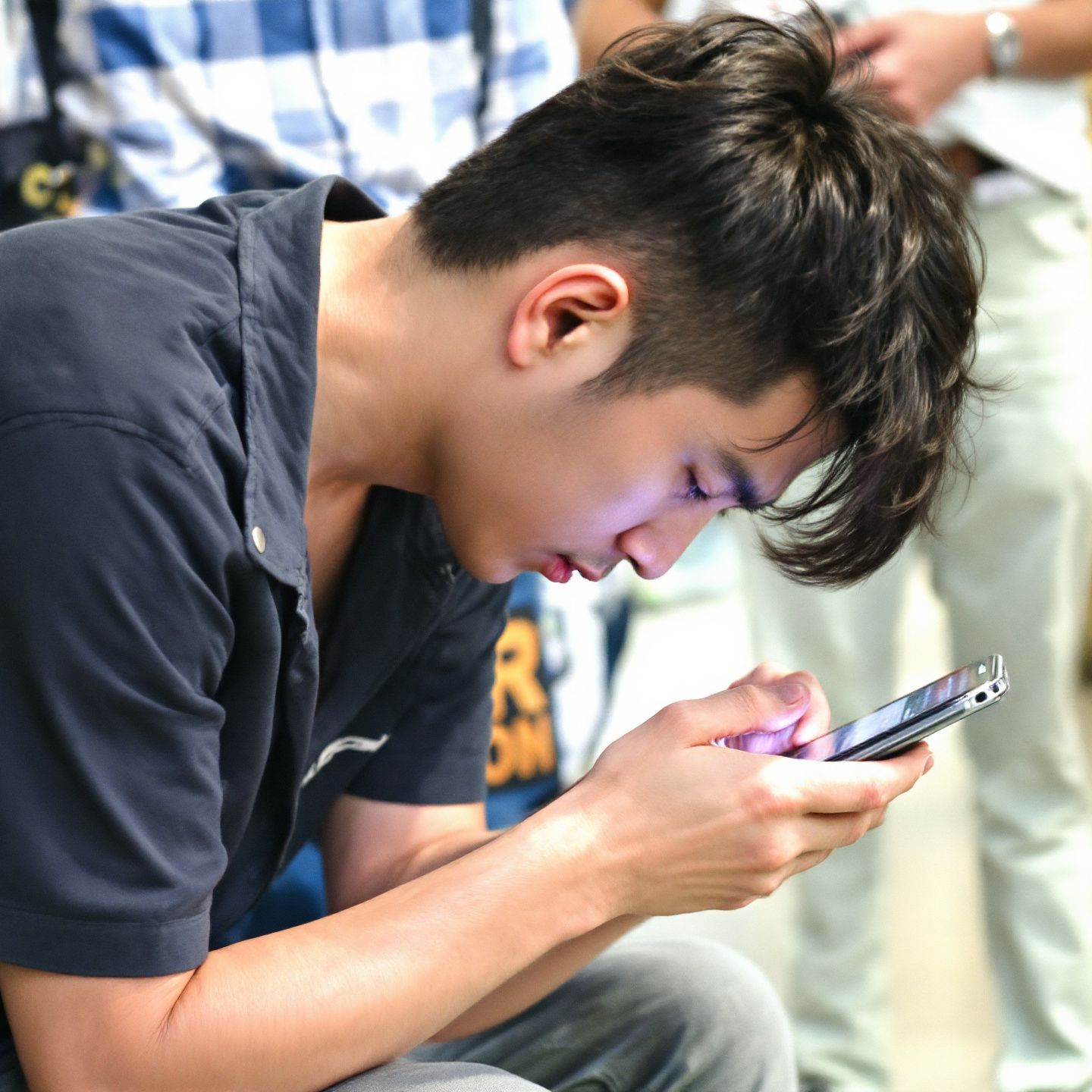 지하철에서 거북목으로 스마트폰을 보고 있는 남성