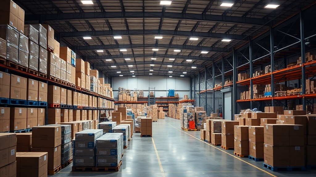 멈춰 선 컨테이너 열차와 물류창고에 가득 쌓여 운송되지 못하는 수많은 화물 박스들. 물류 마비로 인한 혼란을 시각적으로 보여준다