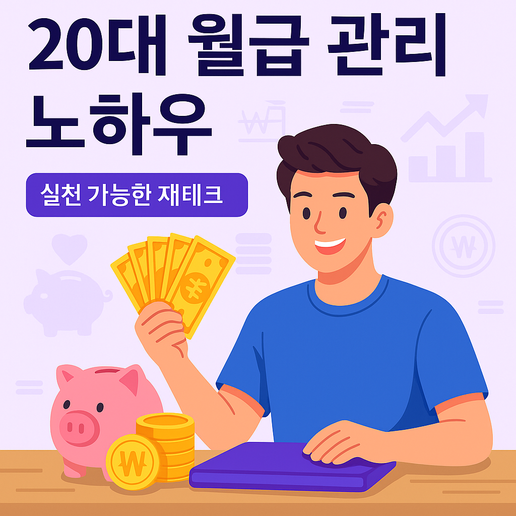 20대 월급 관리 노하우를 주제로 한 인포그래픽 썸네일로, 지폐를 들고 웃는 청년, 돼지저금통, 금화 아이콘과 '실천 가능한 재테크' 문구가 포함된 이미지