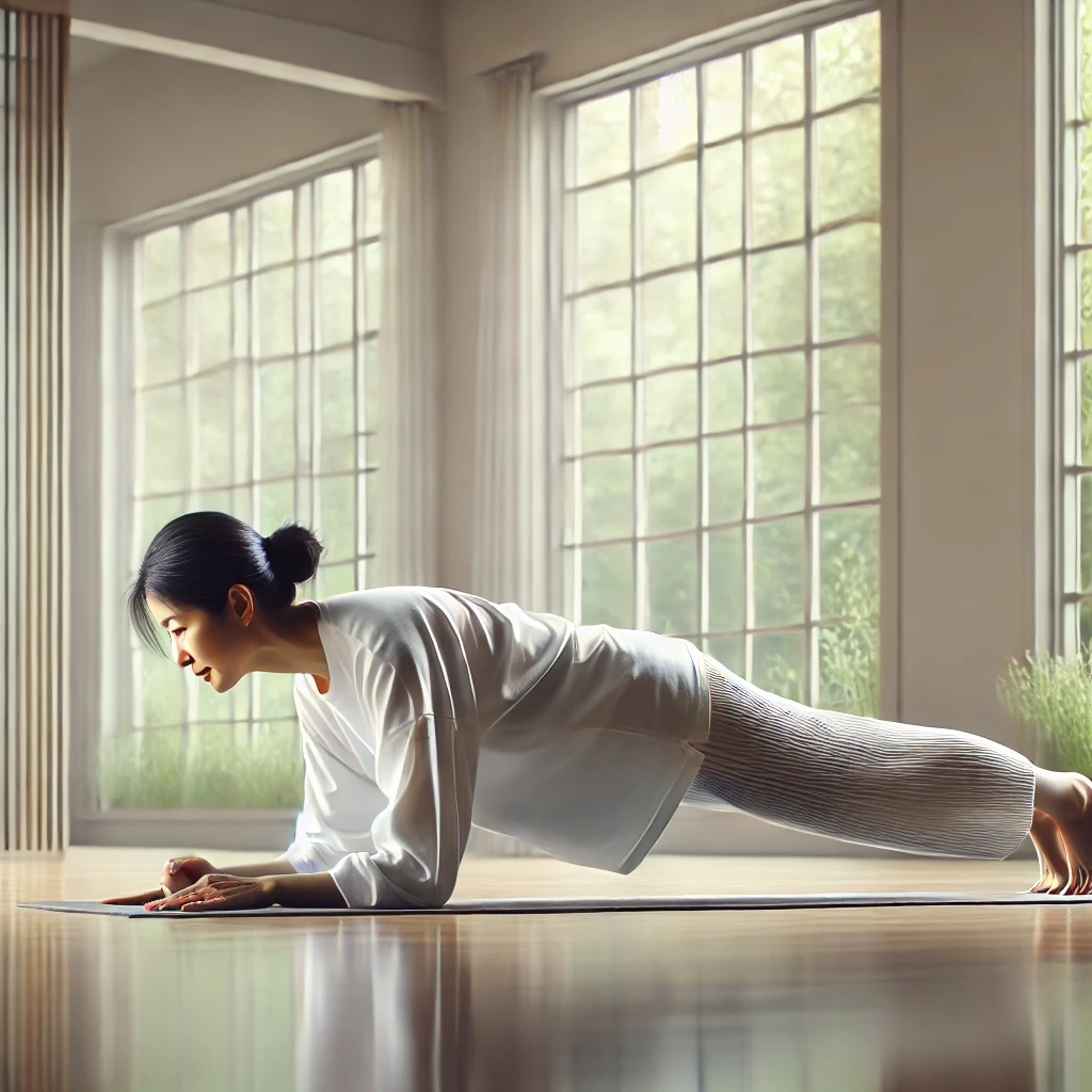 요가 스튜디오에서 플랭크 자세를 취하며 운동하는 중년 여성