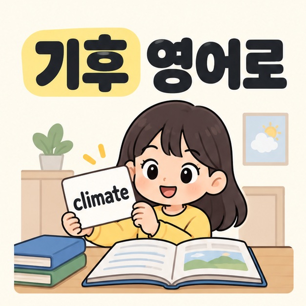 기후 영어로 제목 아래 학생이 climate 학습 카드를 들고 펼친 교재 앞에 앉아 있는 모습