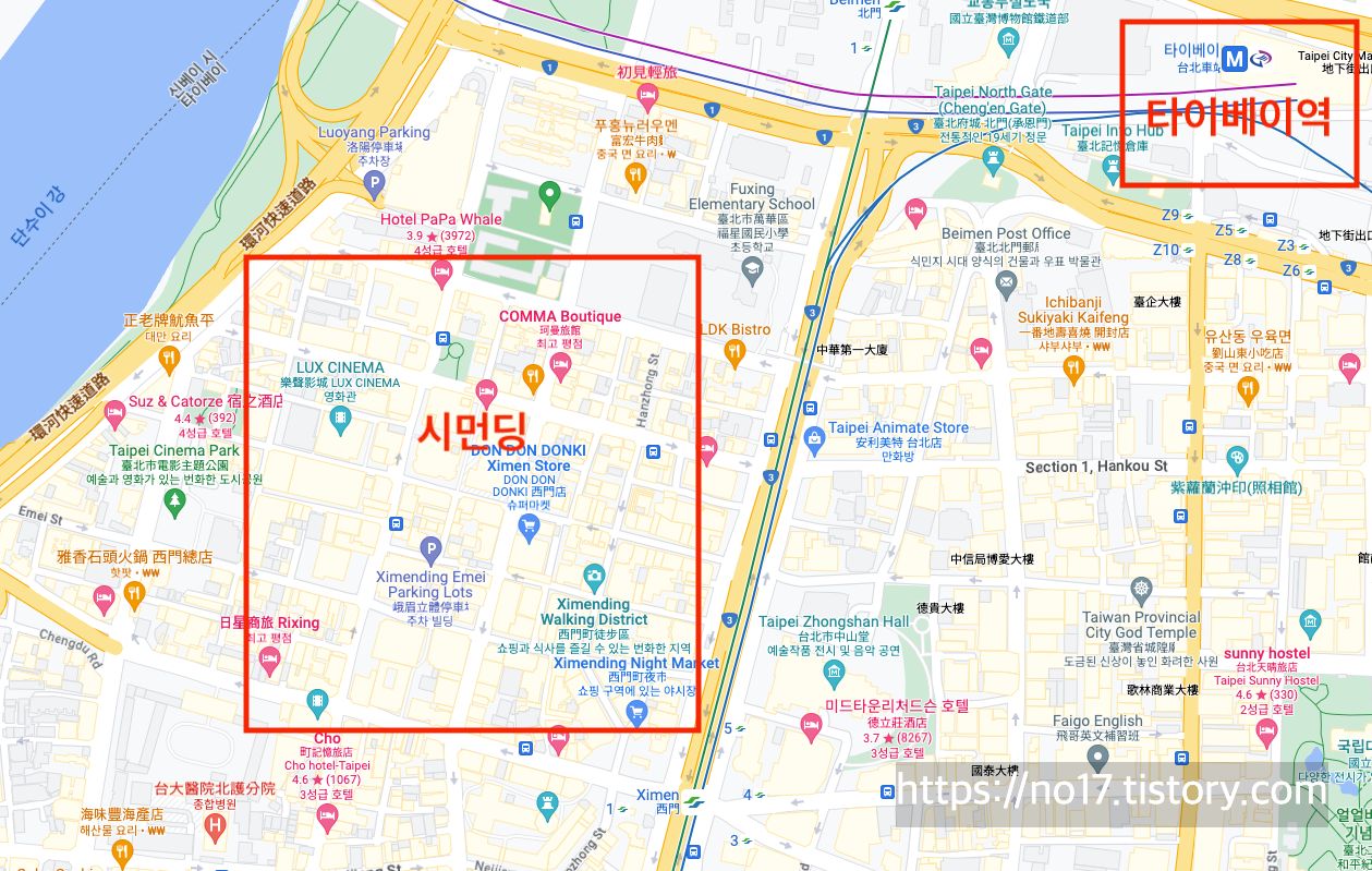 타이베이 메인역과 시먼딩 지도