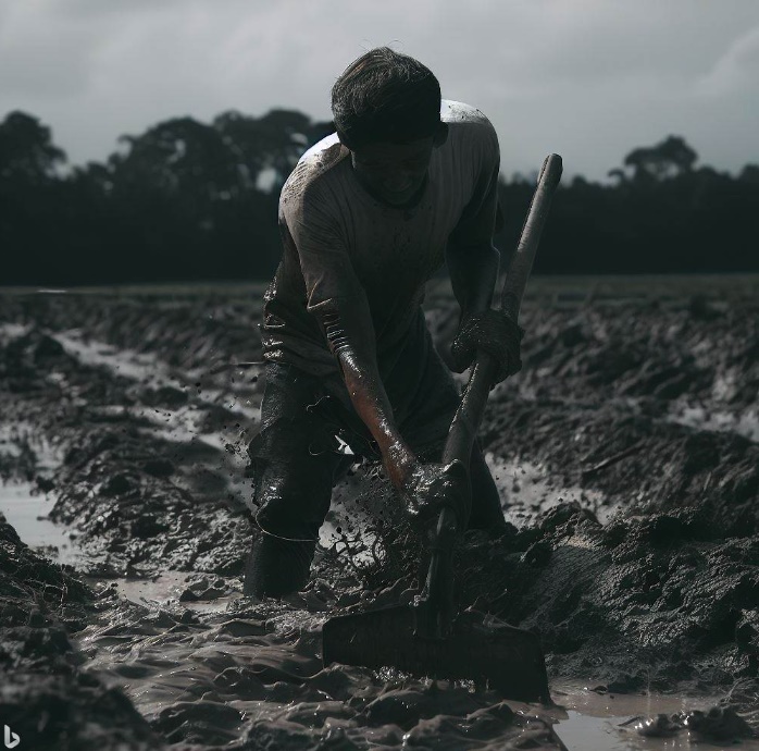 진흙투성이 밭을 손으로 일구는 농부
