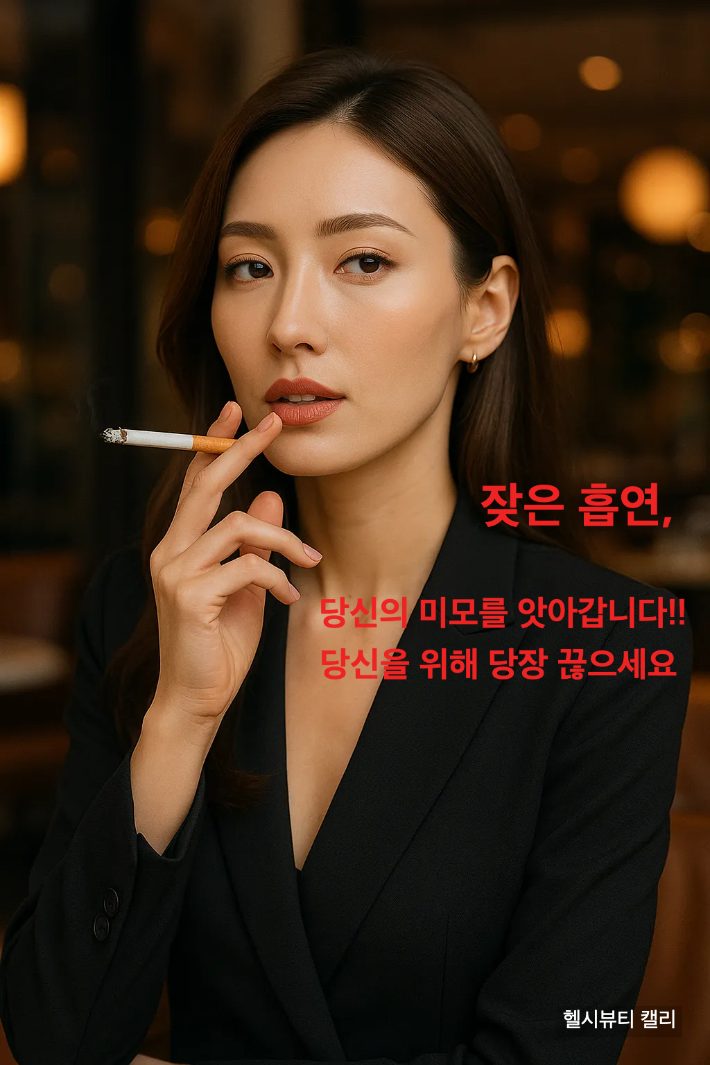 담배를 들고 시크한 표정을 짓는 30대여성, 하지만 건강이 망가지고 있다는 것을 모르는 불행한 모습