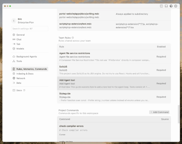 cursor ai에서 Team Rules 설정하는 화면