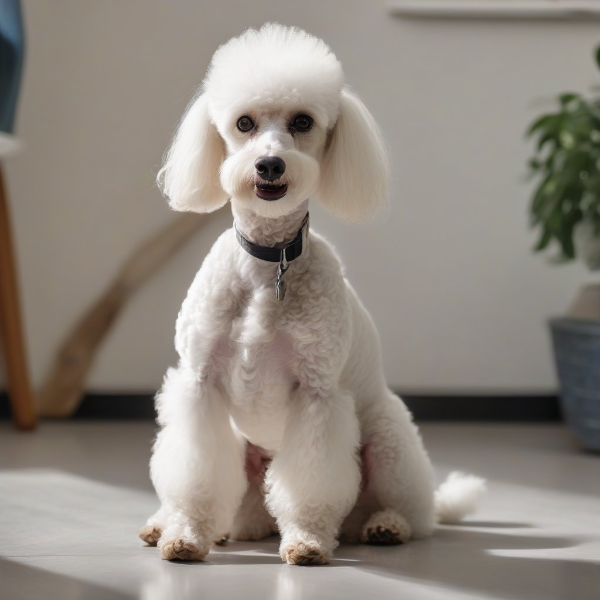 1. 한쪽 뒷다리를 들고 걱정스러운 표정으로 앉아 있는 흰색 푸들 강아지, 실내 자연광 스튜디오컷