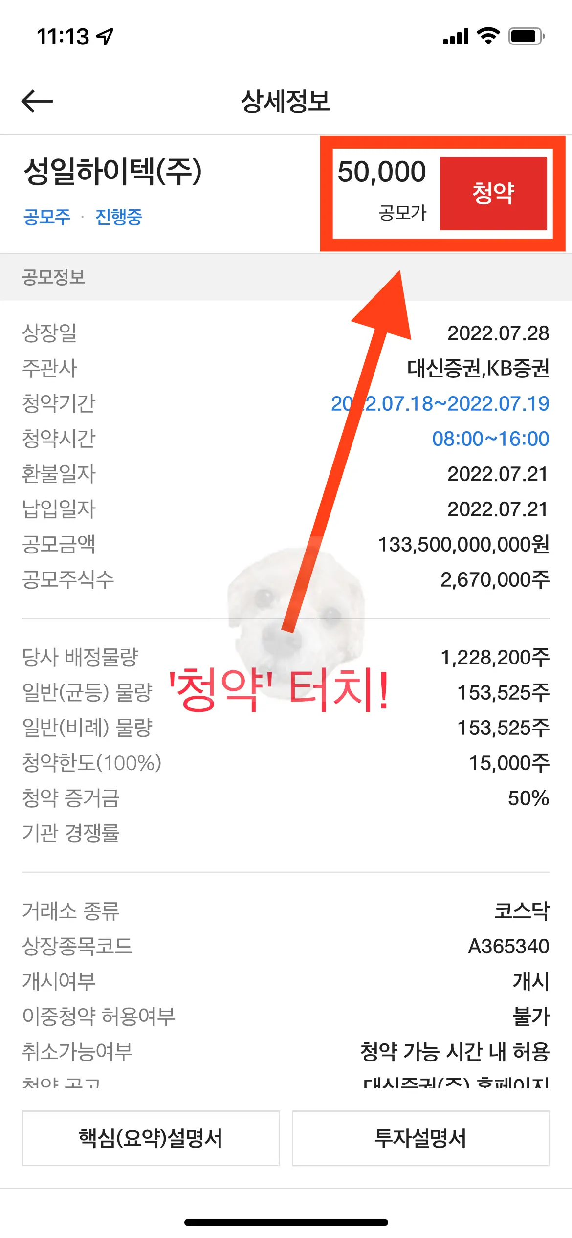 성일하이텍 공모주 세부사항 확인사진