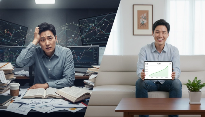 ISA 유형 선택 전후 비교. 왼쪽에는 복잡한 투자 서류에 혼란스러워하는 한국인이, 오른쪽에는 ISA를 통해 정리된 포트폴리오를 보며 만족하는 한국인의 모습.