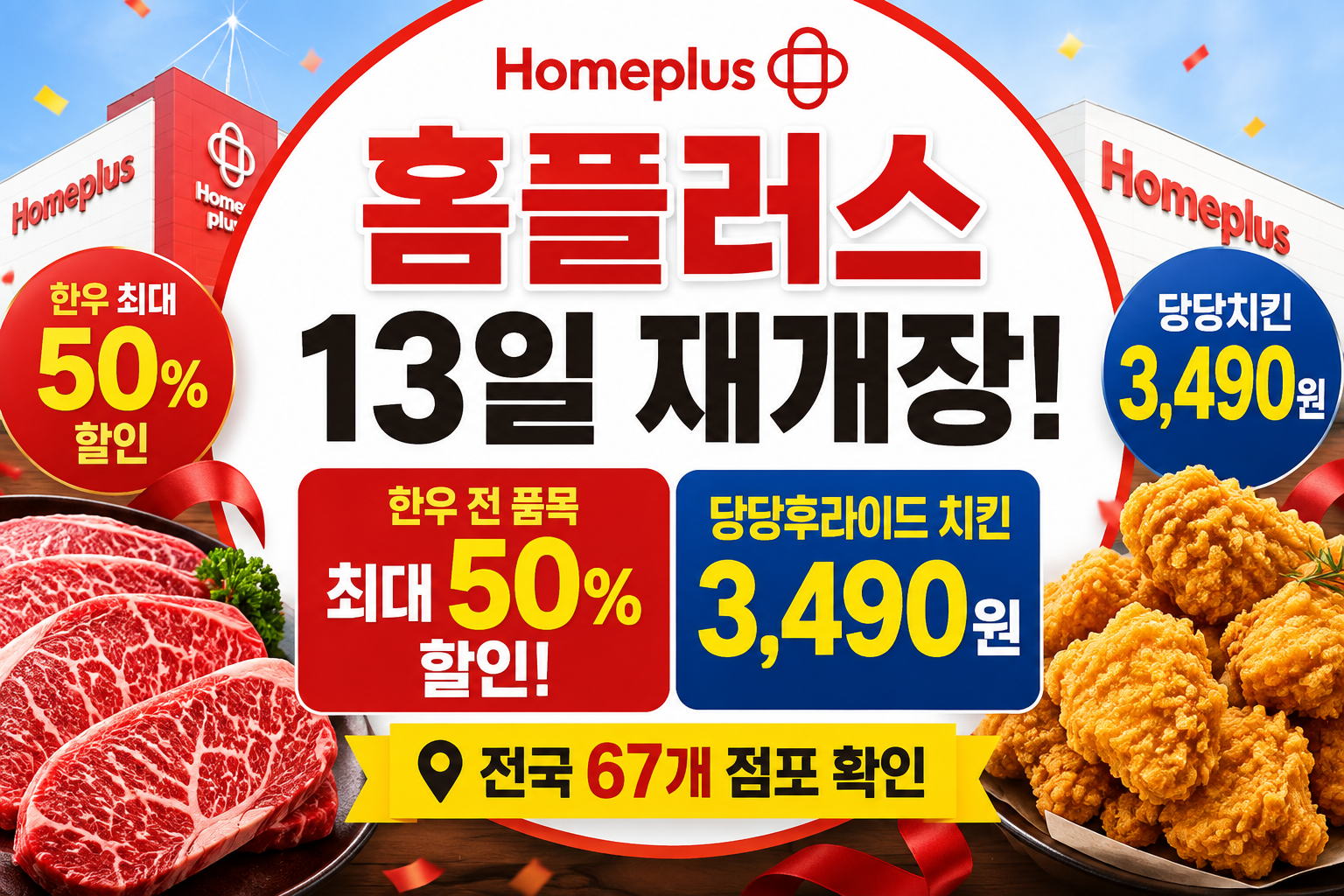 홈플러스 재개장 67개 점포 한우 최대 50% 당당치킨 3490원 할인 행사