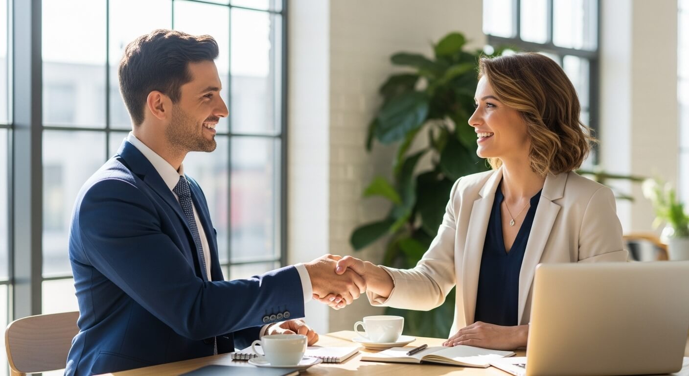 현대적인 공간에서 두 비즈니스 전문가가 악수하며 성공적인 네트워킹을 하는 모습.