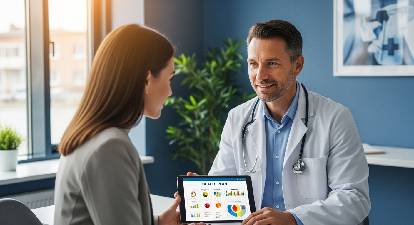 의사와 건강 상담을 하는 사람, 내장지방 관리를 위한 전문가의 조언.