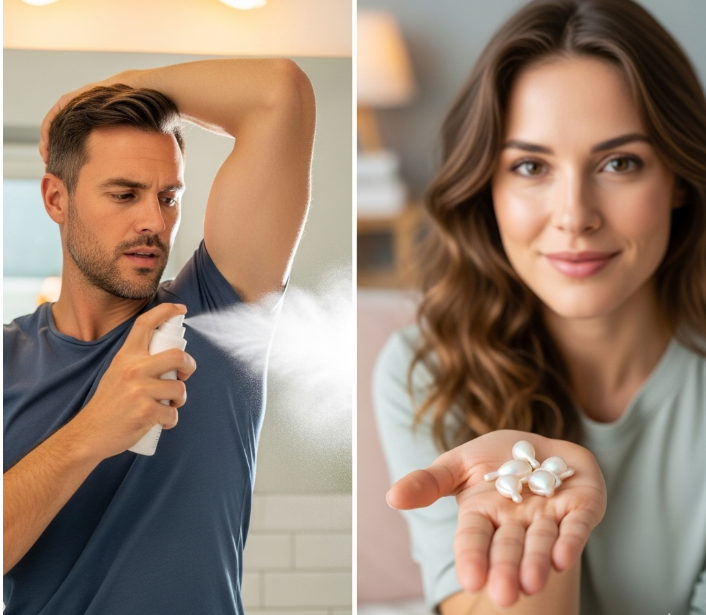 한 남성이 스프레이 데오드란트를 뿌리는 모습과, 다른 한 여성이 이너뷰티 영양제 캡슐을 손에 올려놓고 있는 모습이 대비된다.