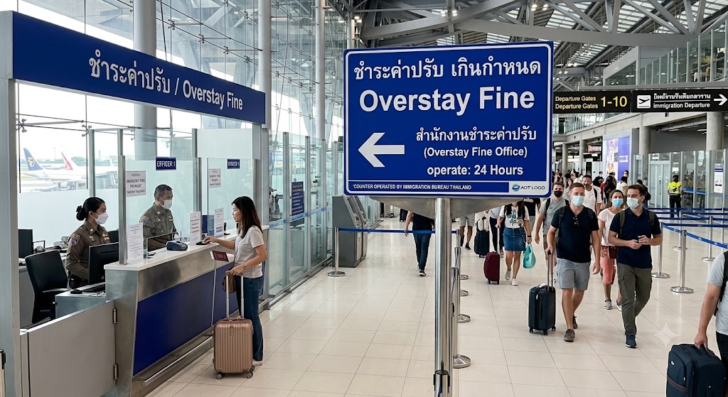 태국 공항 내 오버스테이 벌금 납부 창구 모습. 화면 중앙에 'Overstay Fine (벌금 납부처)' 및 '24시간 운영'을 알리는 파란색 대형 안내 표지판이 서 있으며, 왼쪽 카운터에서는 한 여행객이 출입국 관리 직원에게 벌금을 처리하고 있고 오른쪽으로는 다른 여행객들이 출국장으로 이동하는 풍경.
