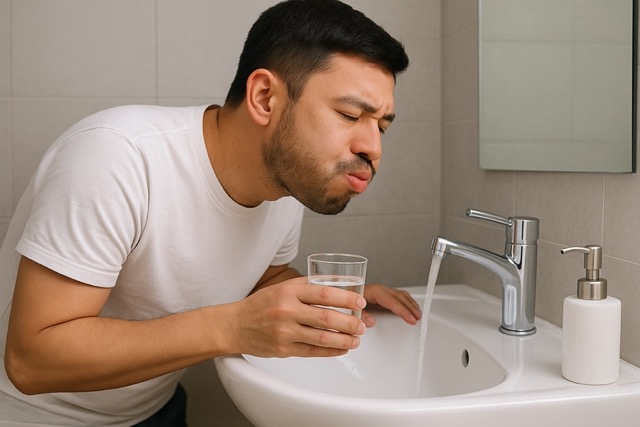 세면대 앞에서 소금물 가글을 하고 있는 모습(출처: 자체제작)