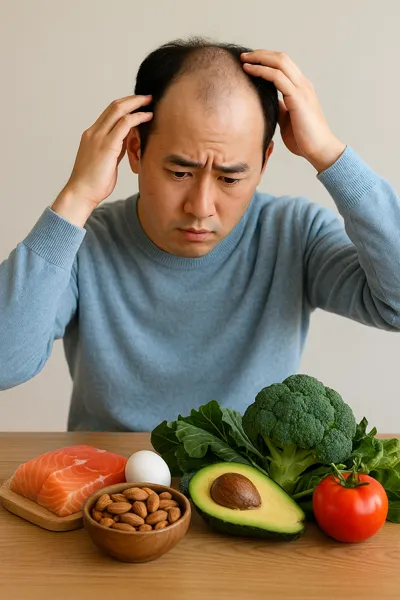 탈모에 좋은 음식 앞 고민하는 남성