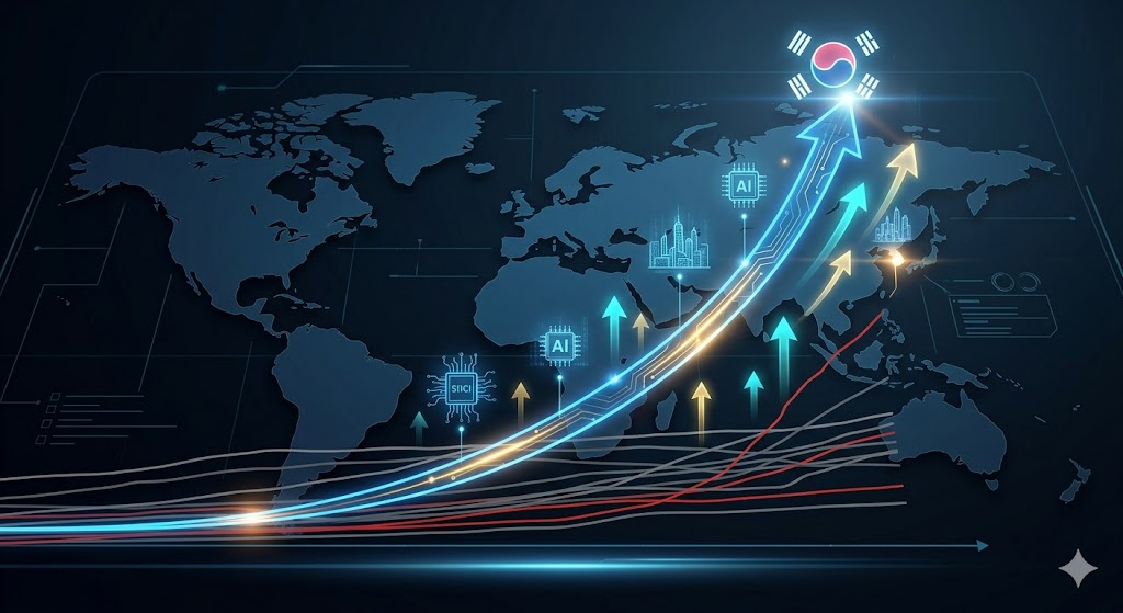 세계 경제 데이터 지도 위에서 타 국가들과 극명하게 대비되어 독보적이고 가파른 우상향 성장 곡선을 그리는 대한민국 기적의 GDP 상승 그래프 지표