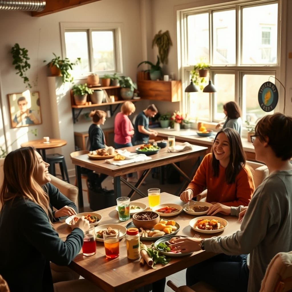 여러 명의 청년들이 거실이나 공용 공간에서 함께 웃고 대화하거나, 식사를 준비하는 등 긍정적인 상호작용을 하는 모습을 그립니다. 따뜻하고 편안한 분위기로 주거 공간이 단순한 거주지를 넘어 교류의 장이 될 수 있음을 표현합니다. (만약 쉐어하우스 관련 내용이 없다면, 이 아이디어는 제외하거나 다른 방향으로 수정하는 것이 좋습니다.)