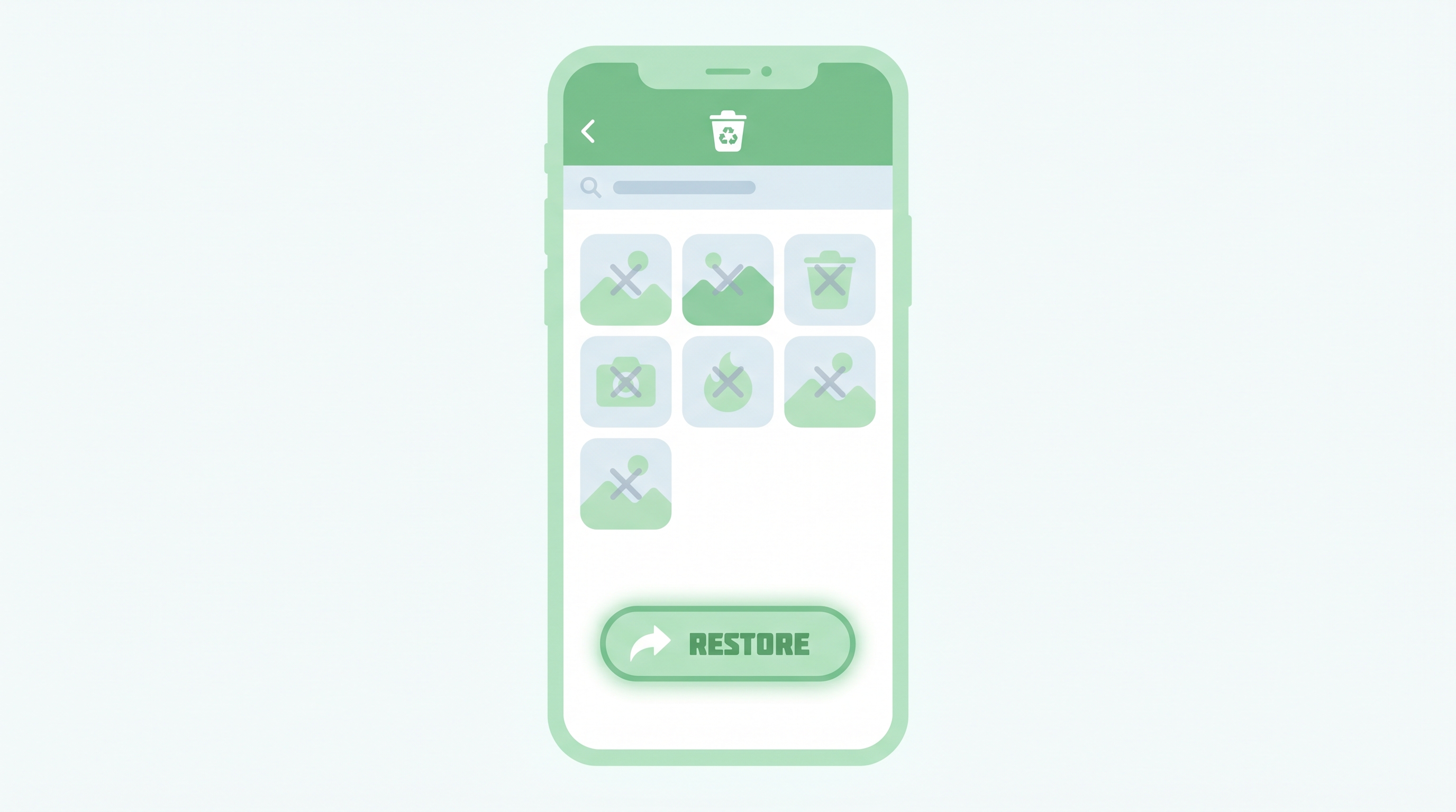After Google Photos Trash section Alt text: illustration of Google Photos trash folder with deleted photos ready to restore