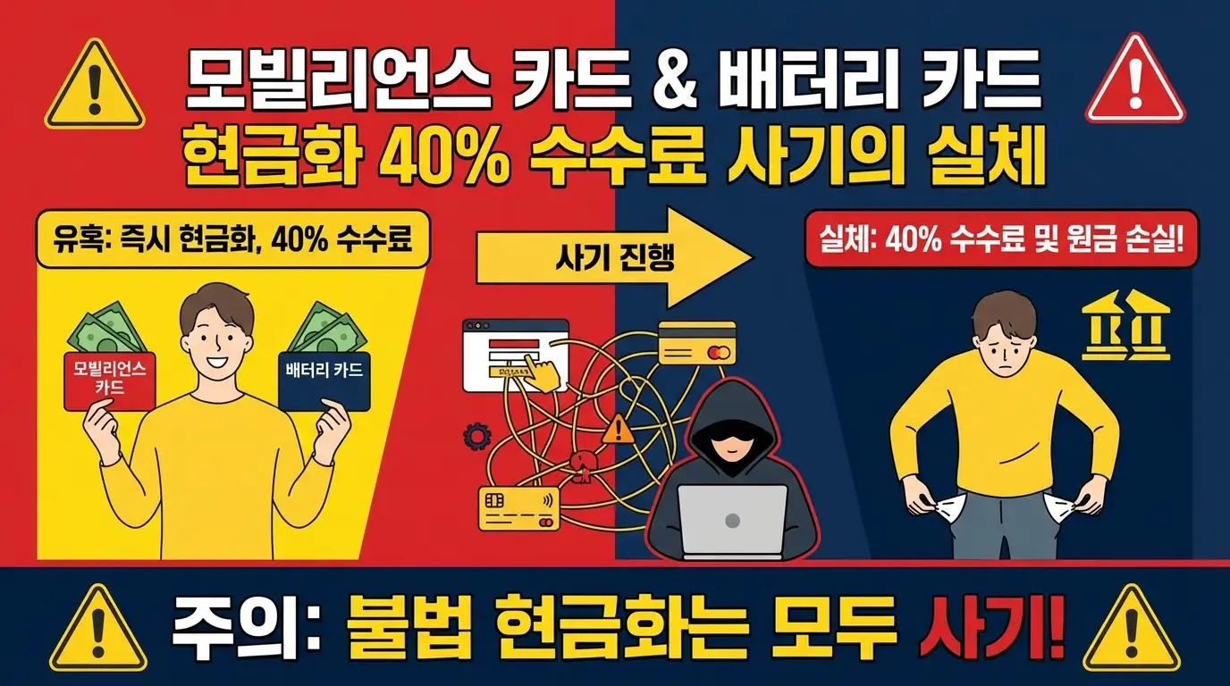 모빌리언스 카드 및 배터리 카드 현금화 진행 시 발생하는 40% 수수료 사기의 실체를 보여주는 인포그래픽